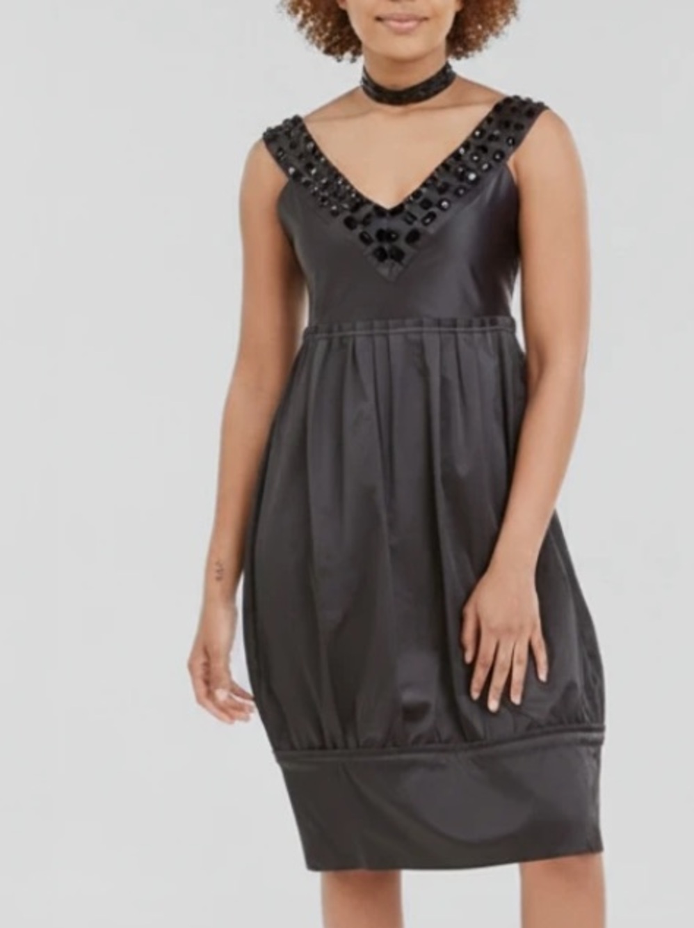 Zara Black V-Neck Beaded Bubble Midi Dress